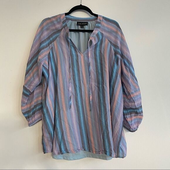 Lane Bryant Pastel Multi Striped Tie-neck Cotton Peasant Blouse Size 14 - Picture 2 of 10